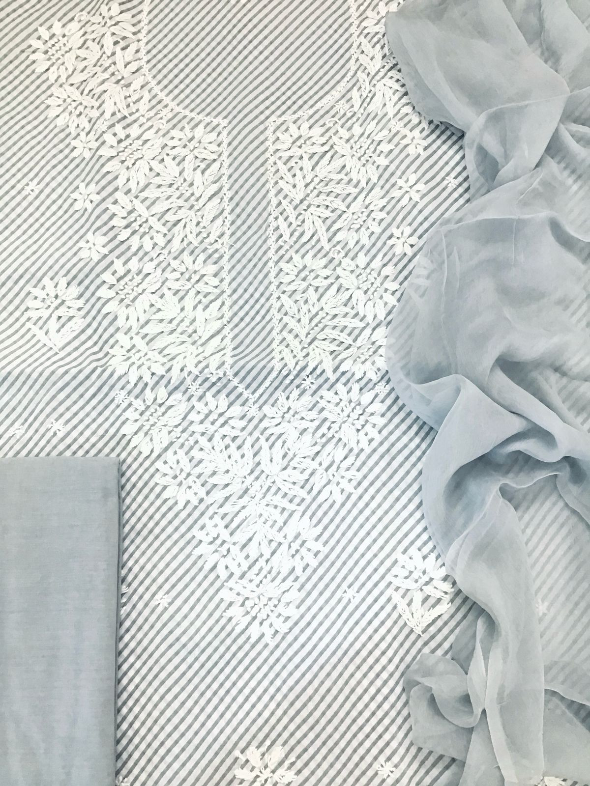 Pure Cotton Printed Chikankari Work Suit - Grey