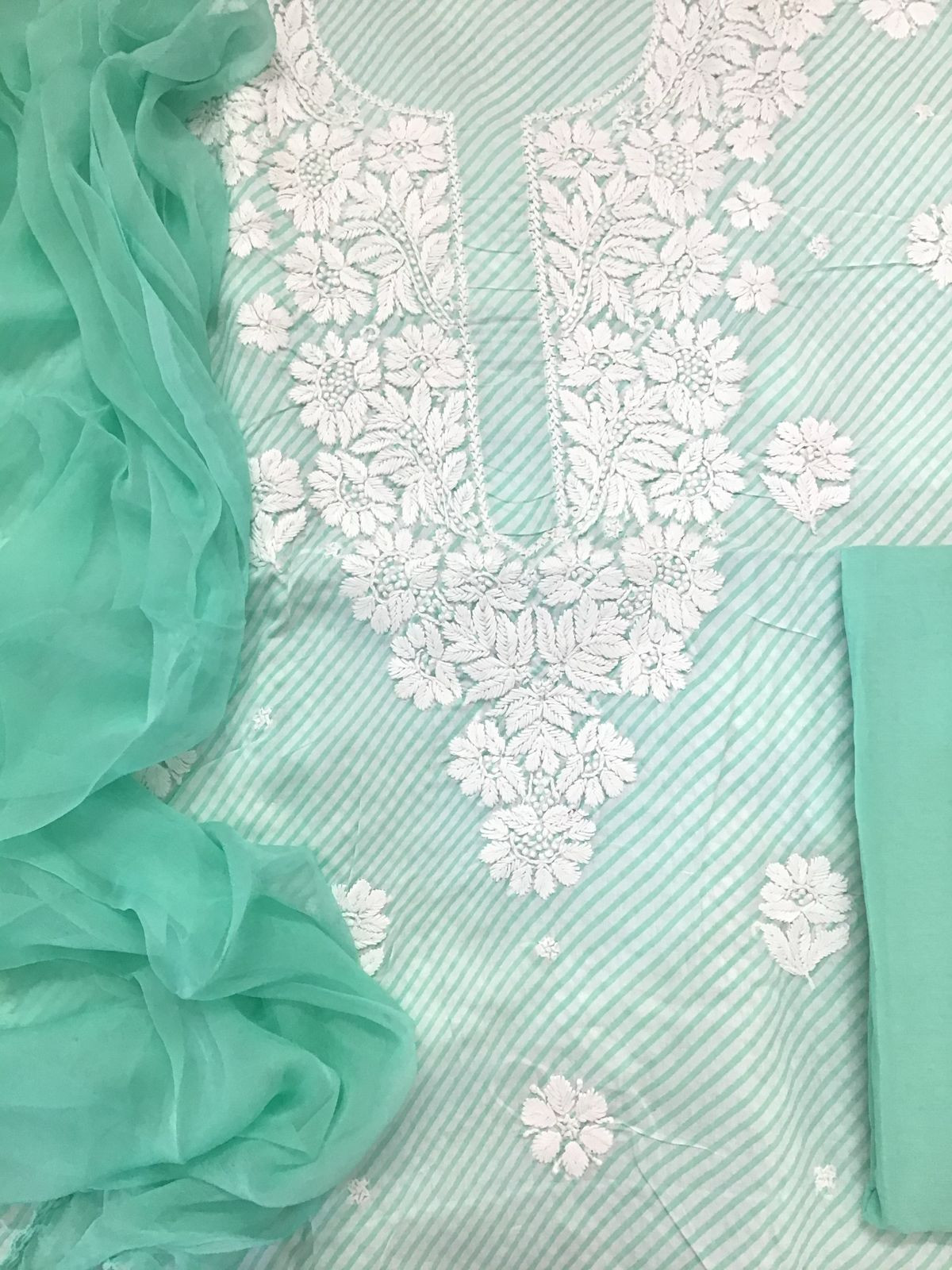 Pure Cotton Printed Chikankari Work Suit - Green