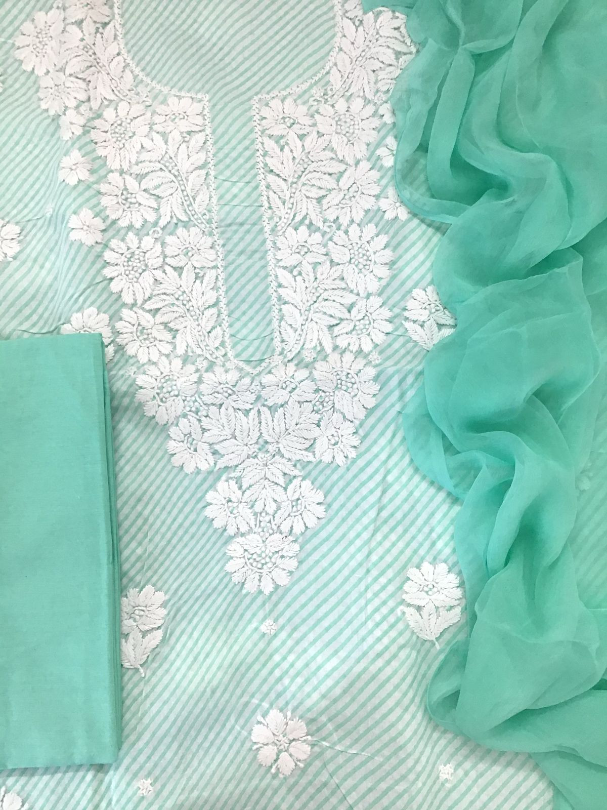 Pure Cotton Printed Chikankari Work Suit - Green