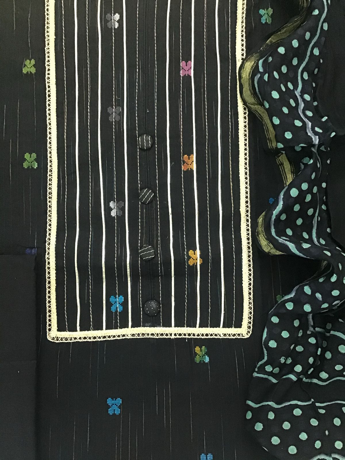 Pure Fine Ikkat Cotton Self Weaved Embroidered Suit - Black