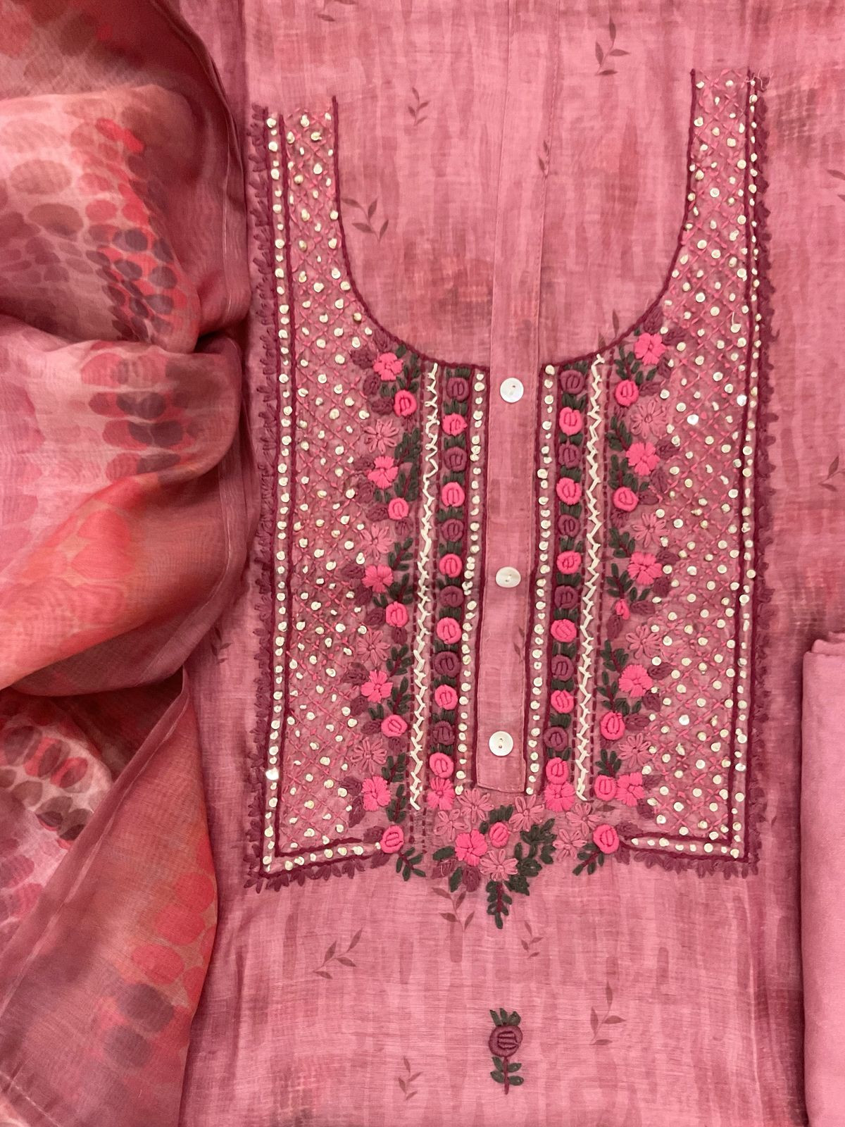 Soft Kora Chanderi Printed Embroidered Suit - Pink