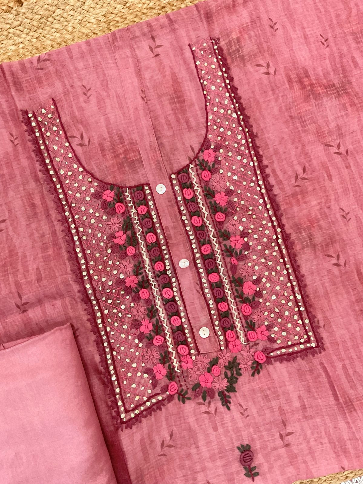 Soft Kora Chanderi Printed Embroidered Suit - Pink