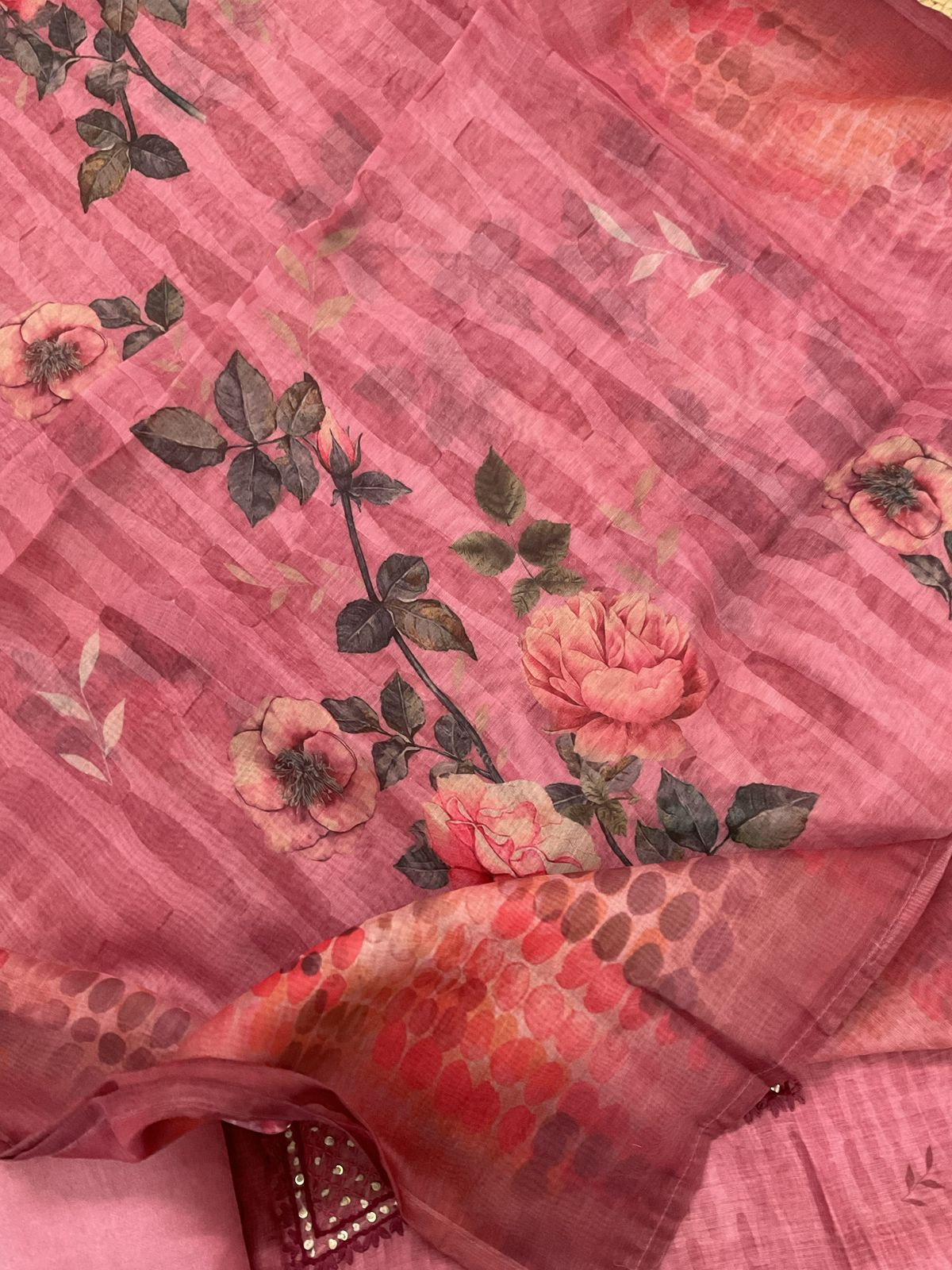 Soft Kora Chanderi Printed Embroidered Suit - Pink
