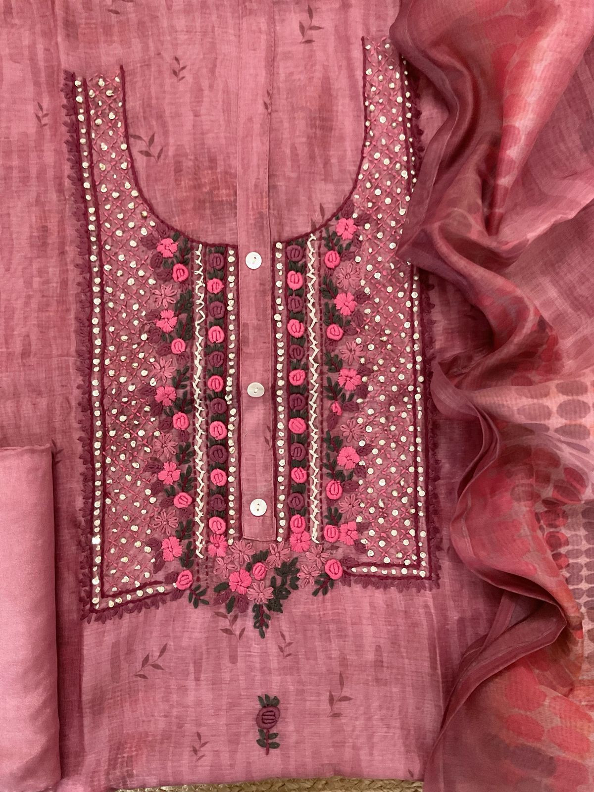 Soft Kora Chanderi Printed Embroidered Suit - Pink