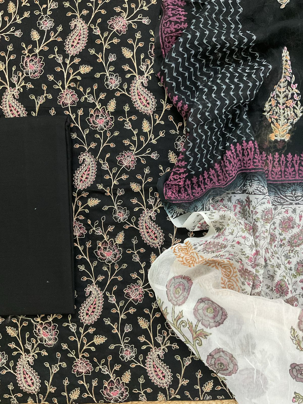 Pure Cotton Printed Embroidered Suit - Black