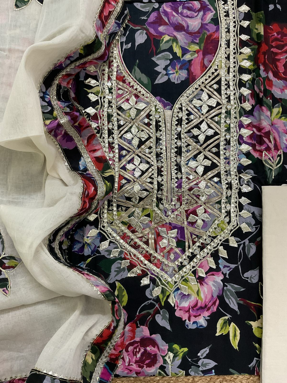 Pure Cotton Printed Embroidered Suit - Black