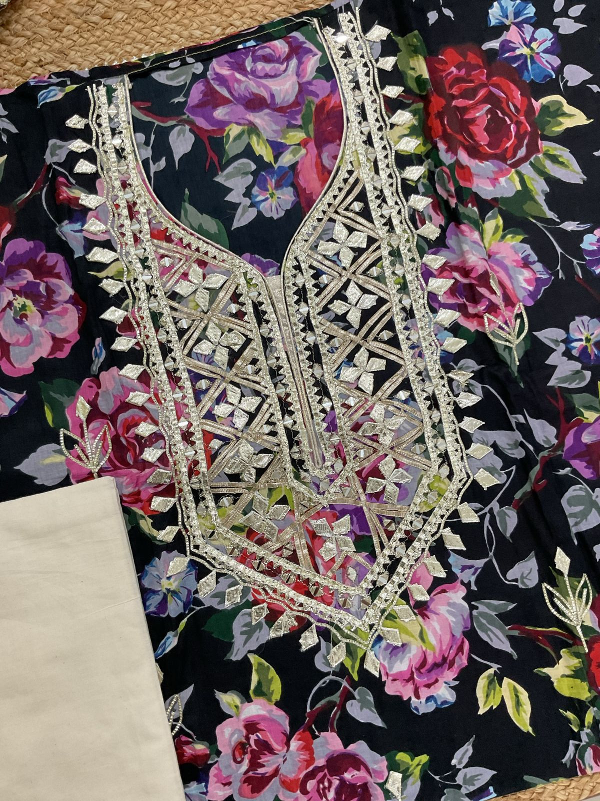 Pure Cotton Printed Embroidered Suit - Black