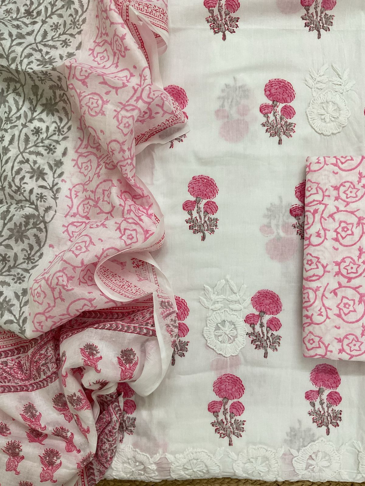 Pure Cotton Printed Embroidered Suit - White