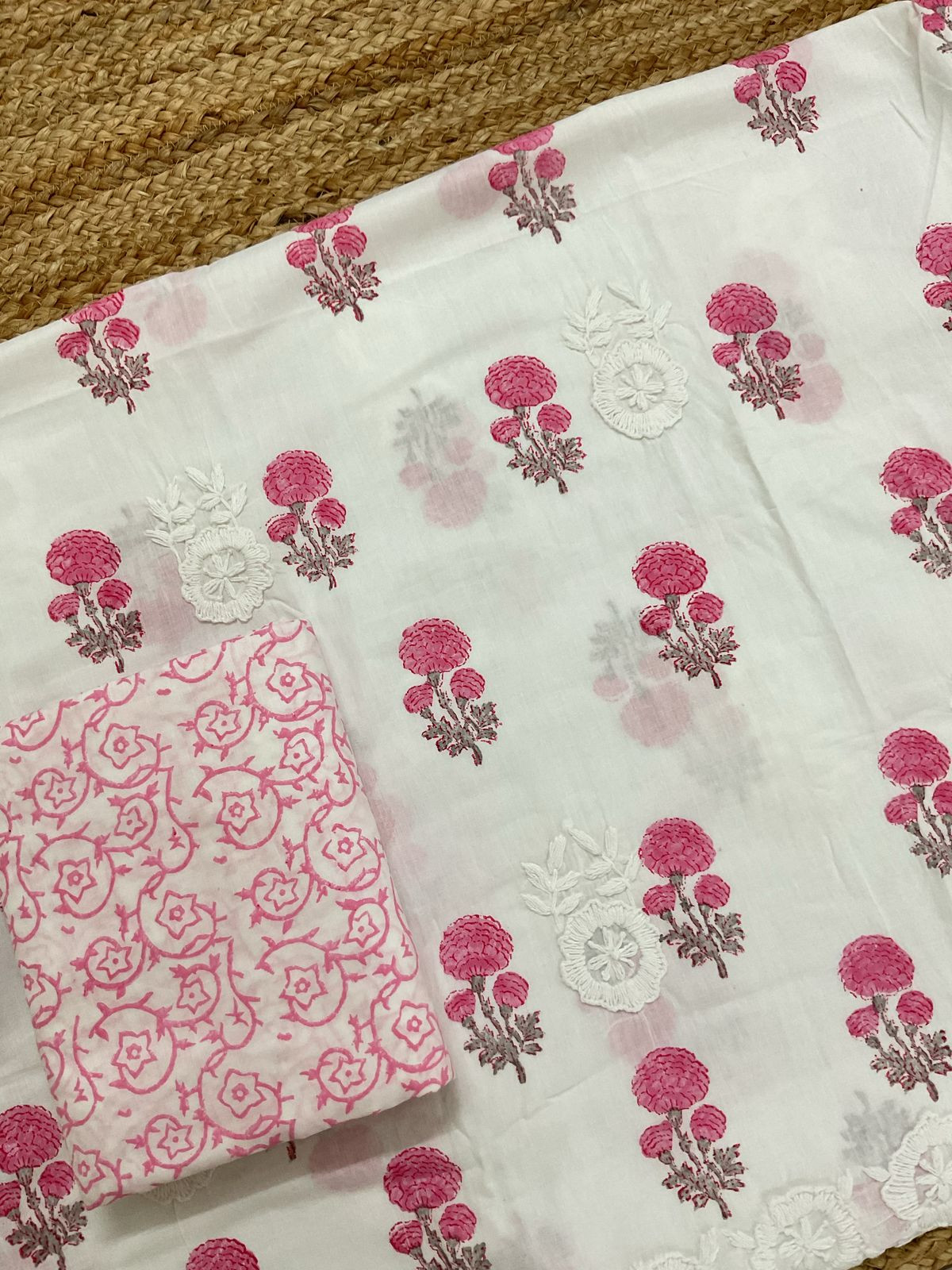 Pure Cotton Printed Embroidered Suit - White