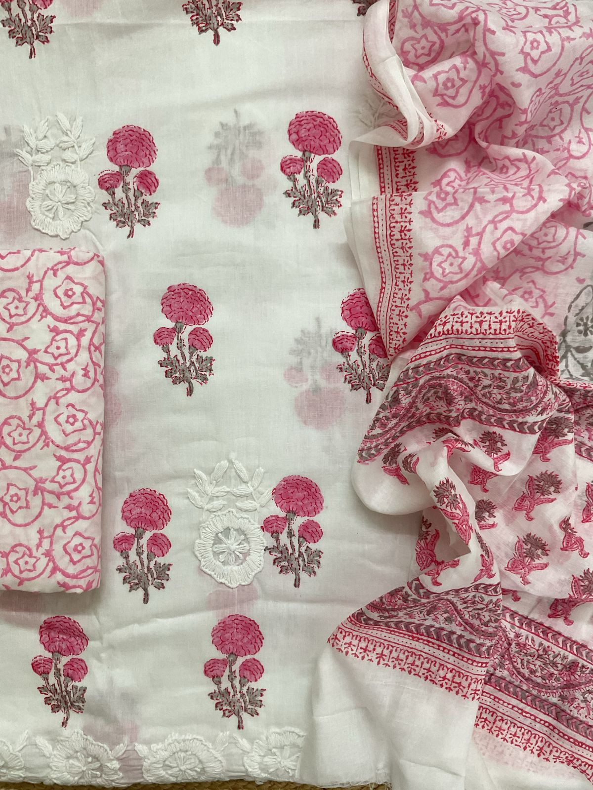 Pure Cotton Printed Embroidered Suit - White