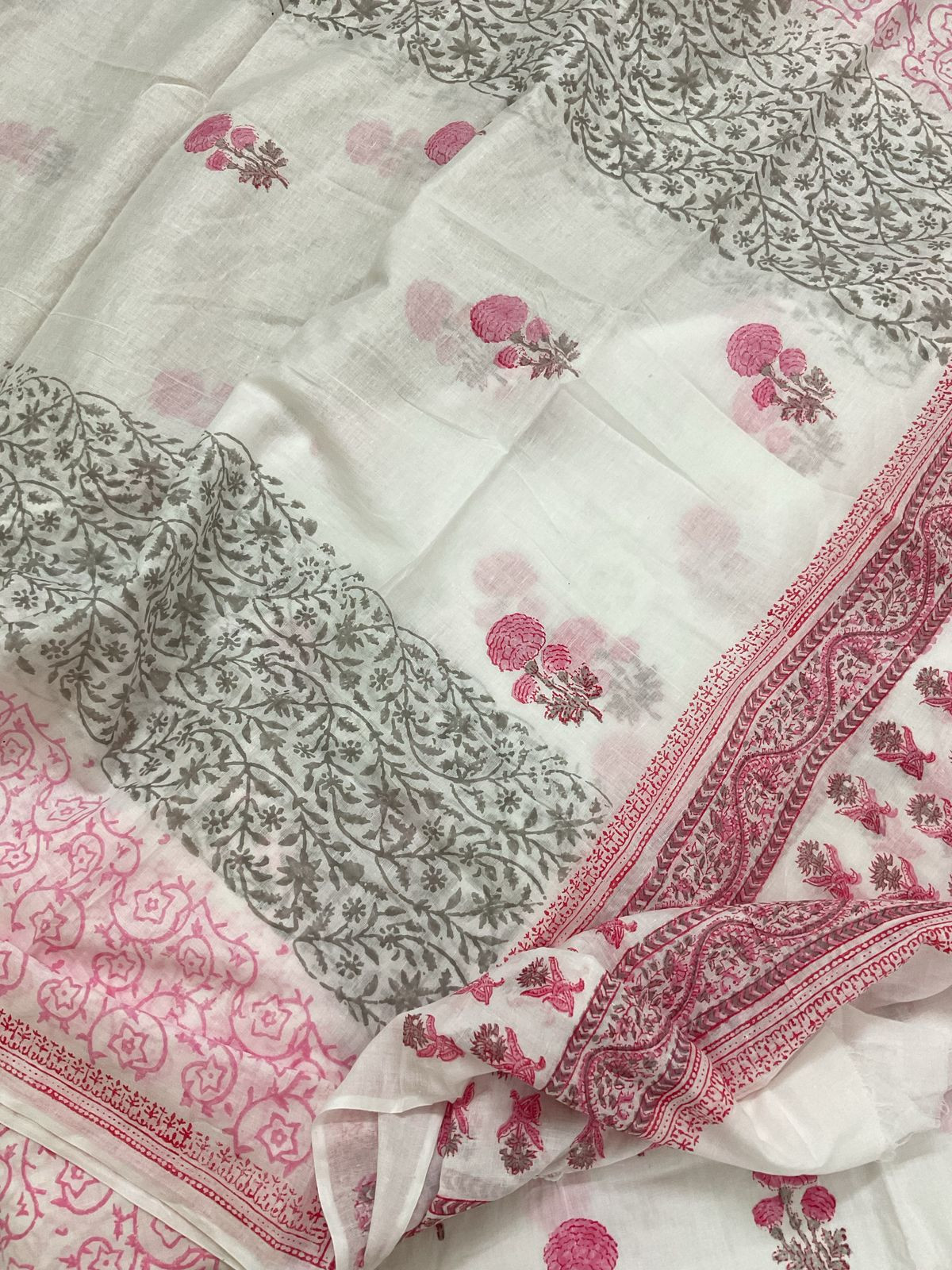 Pure Cotton Printed Embroidered Suit - White