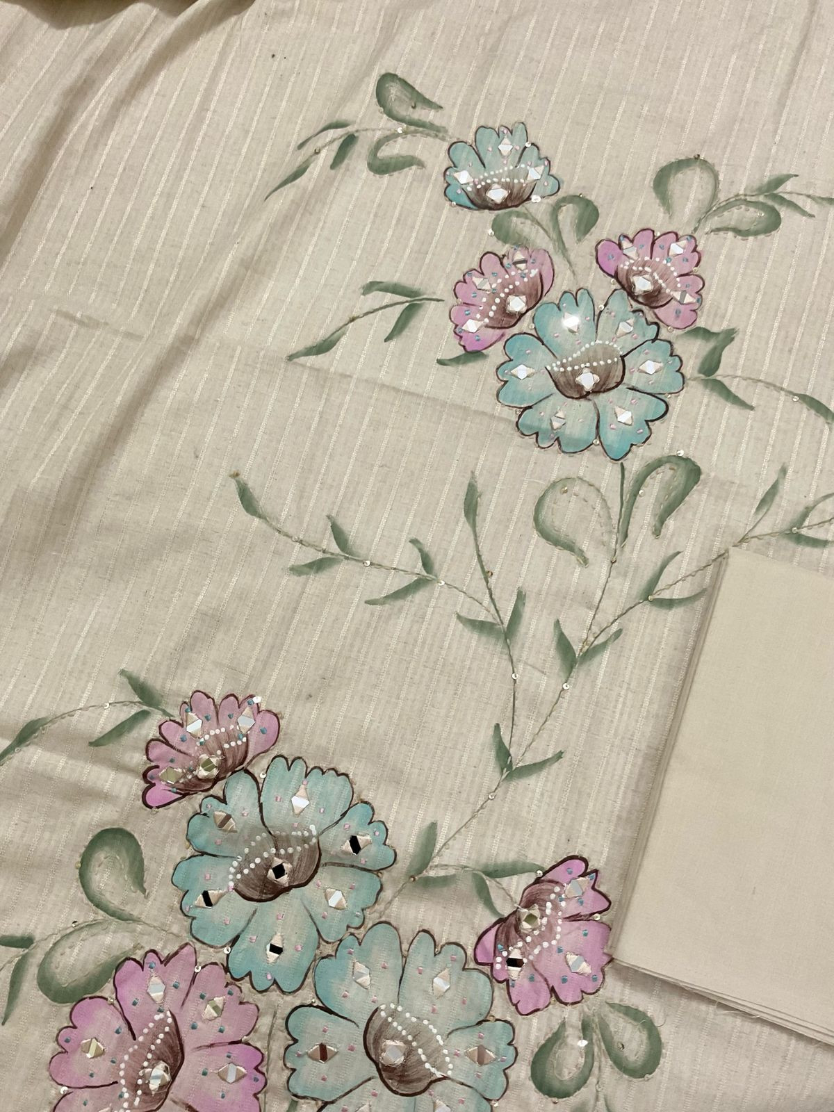 Pure Cotton Silk Self Weaved Brush Painted Embroidered Suit - Cream