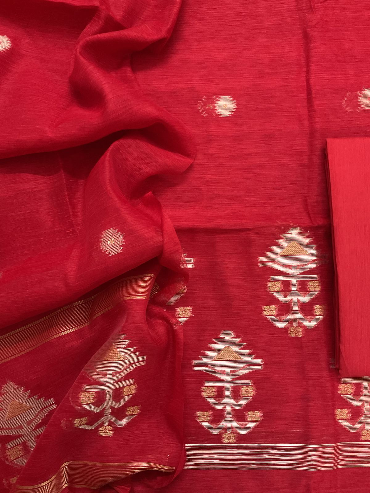 Soft Slub Chanderi Jamdani Weaved Suit - Red