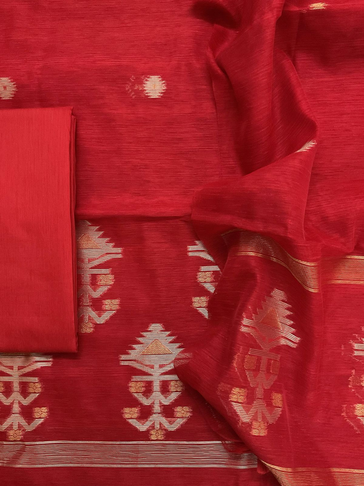Soft Slub Chanderi Jamdani Weaved Suit - Red