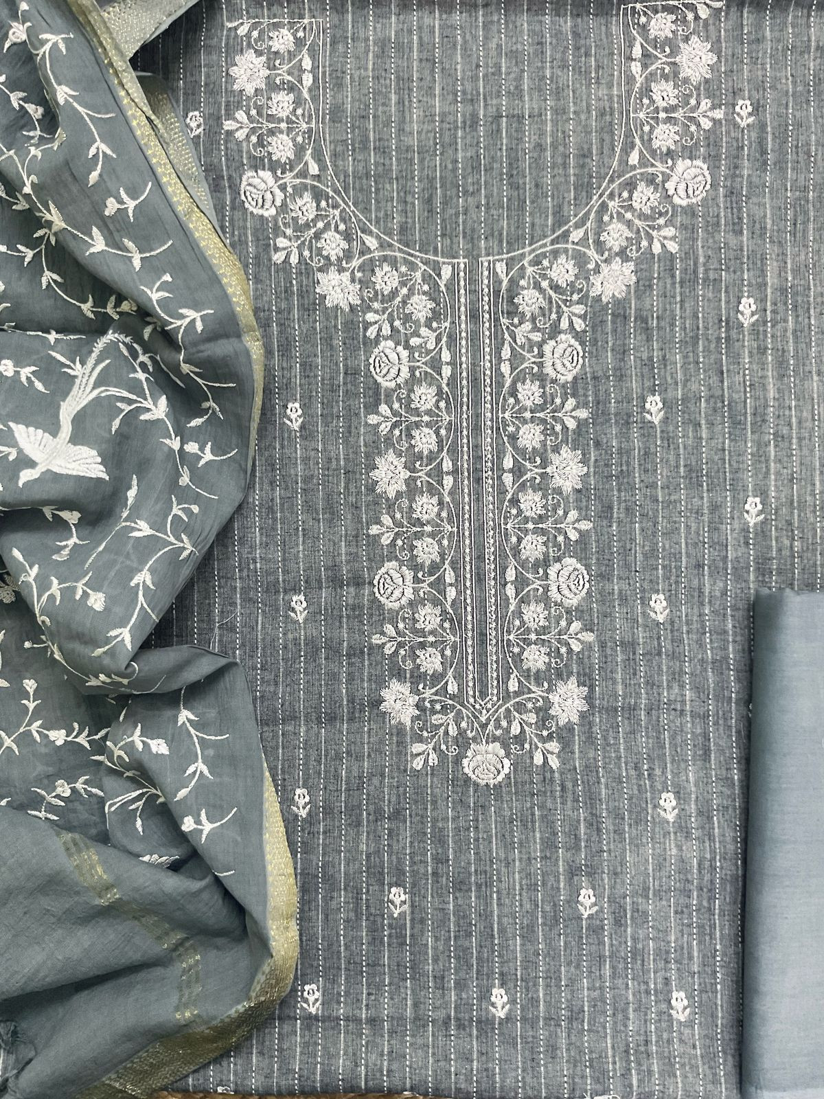 Pure Fine Handloom Cotton Self Weaved Embroidered Suit - Grey