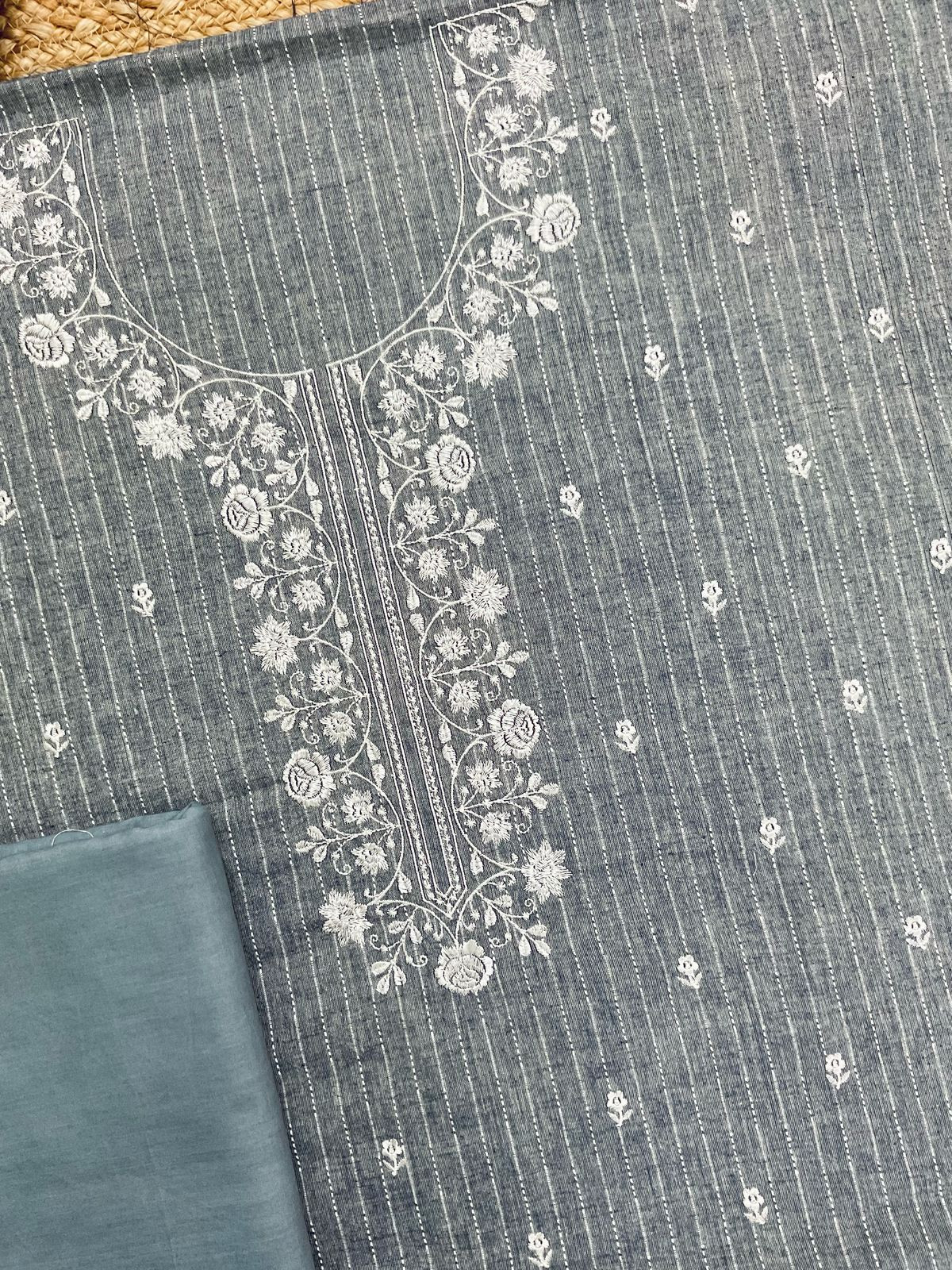 Pure Fine Handloom Cotton Self Weaved Embroidered Suit - Grey