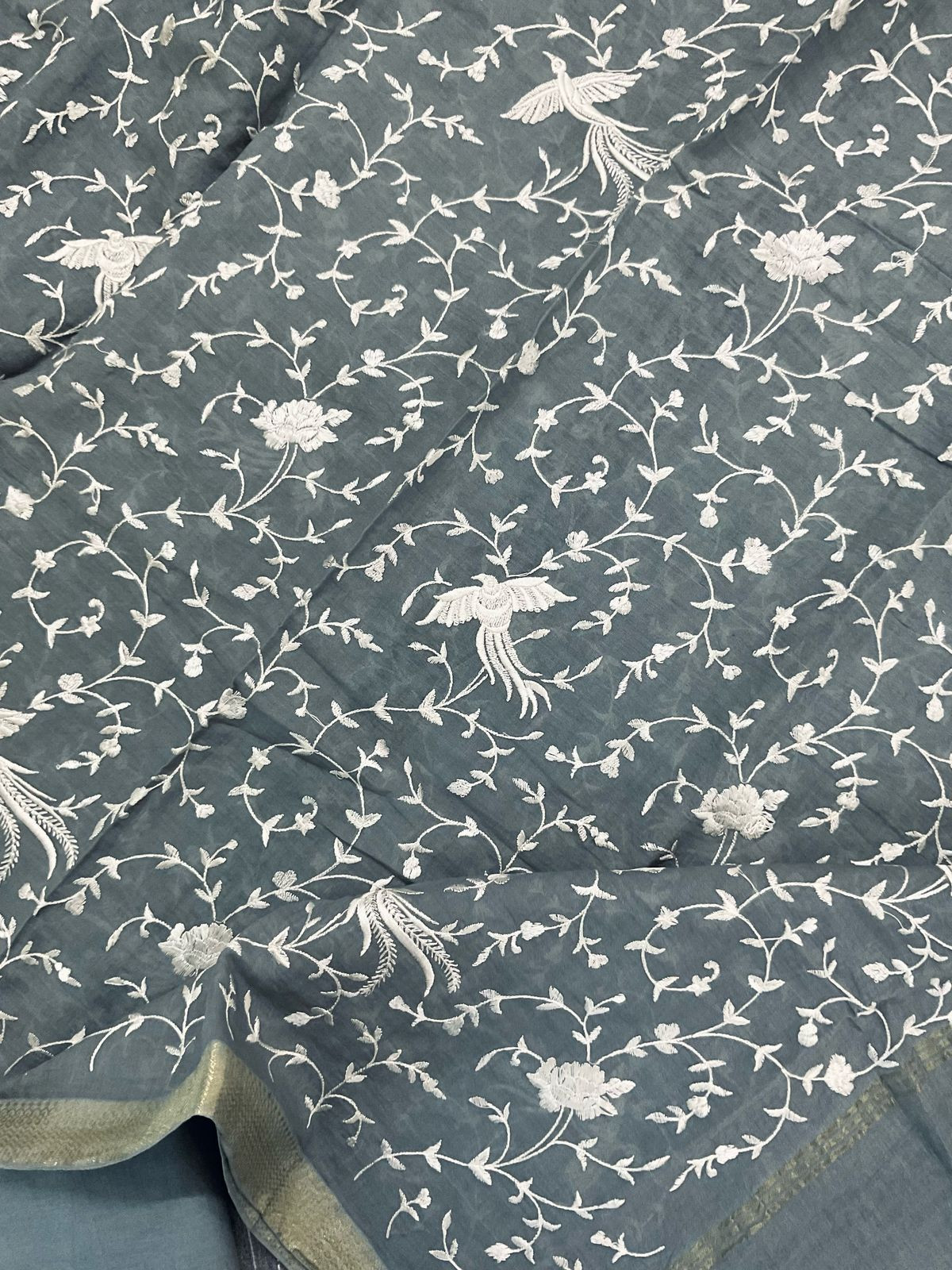 Pure Fine Handloom Cotton Self Weaved Embroidered Suit - Grey