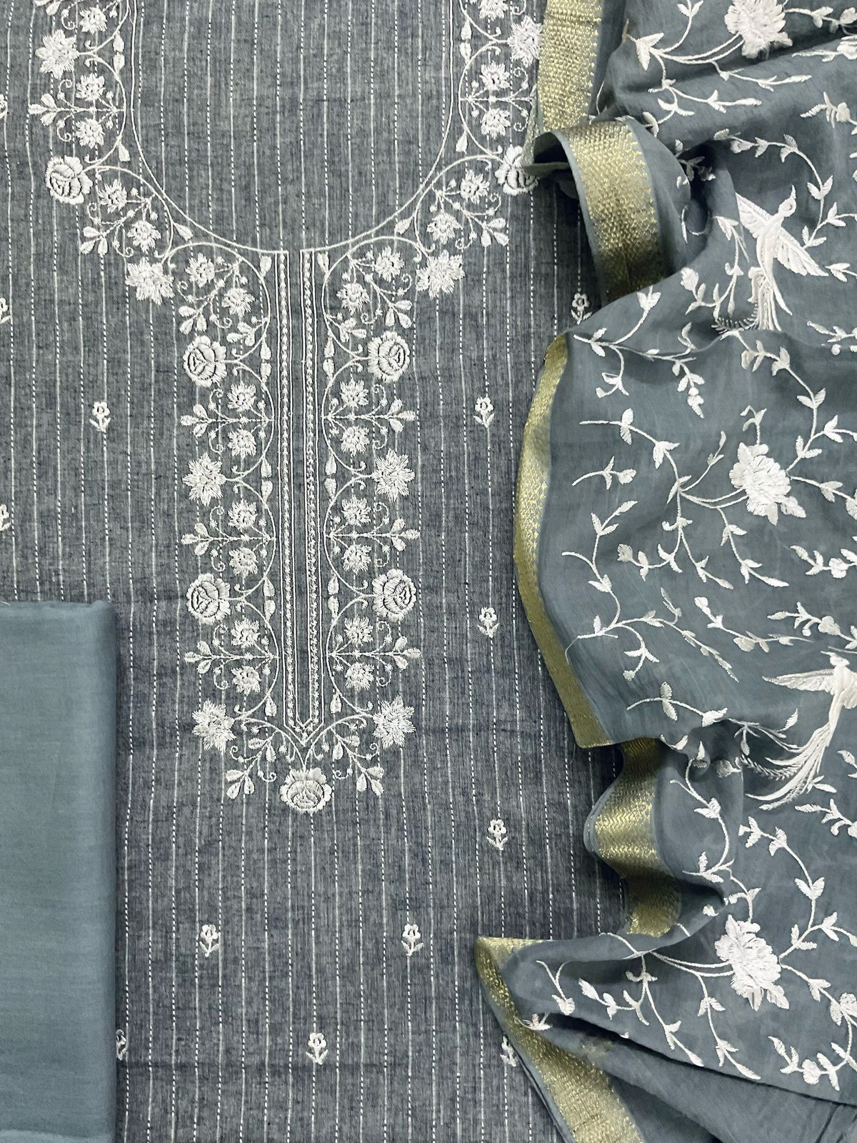 Pure Fine Handloom Cotton Self Weaved Embroidered Suit - Grey