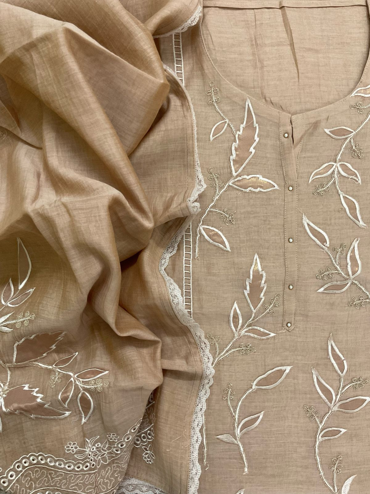 Pure Mul Chanderi Embroidered Suit - Beige