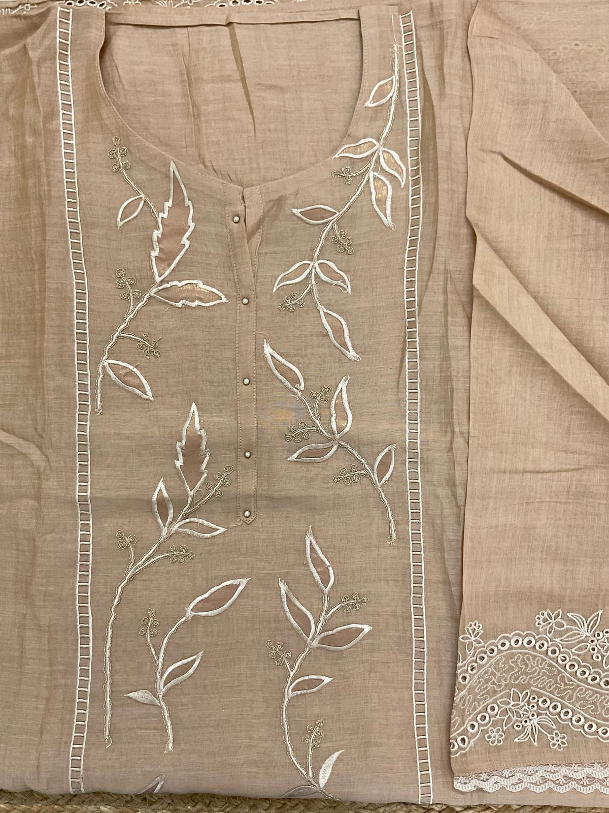 Pure Mul Chanderi Embroidered Suit - Beige