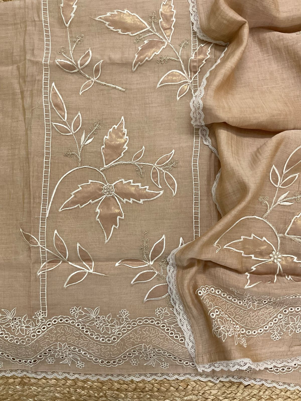 Pure Mul Chanderi Embroidered Suit - Beige