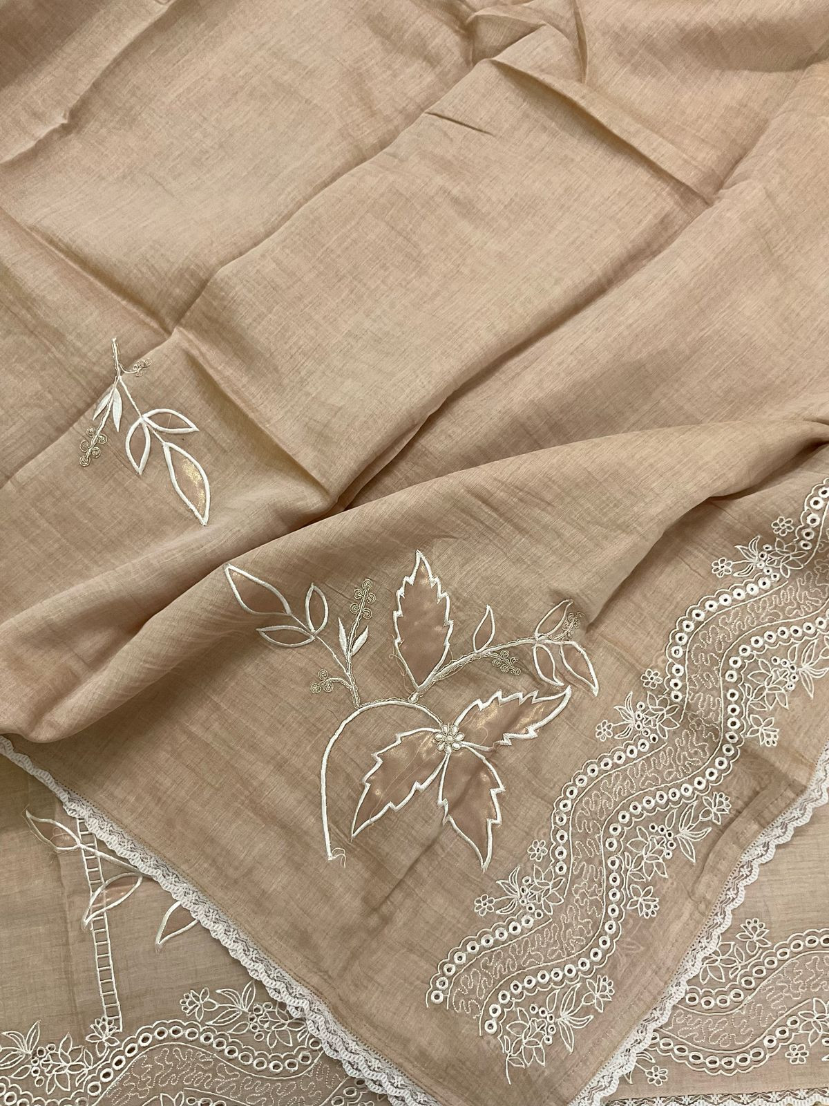 Pure Mul Chanderi Embroidered Suit - Beige