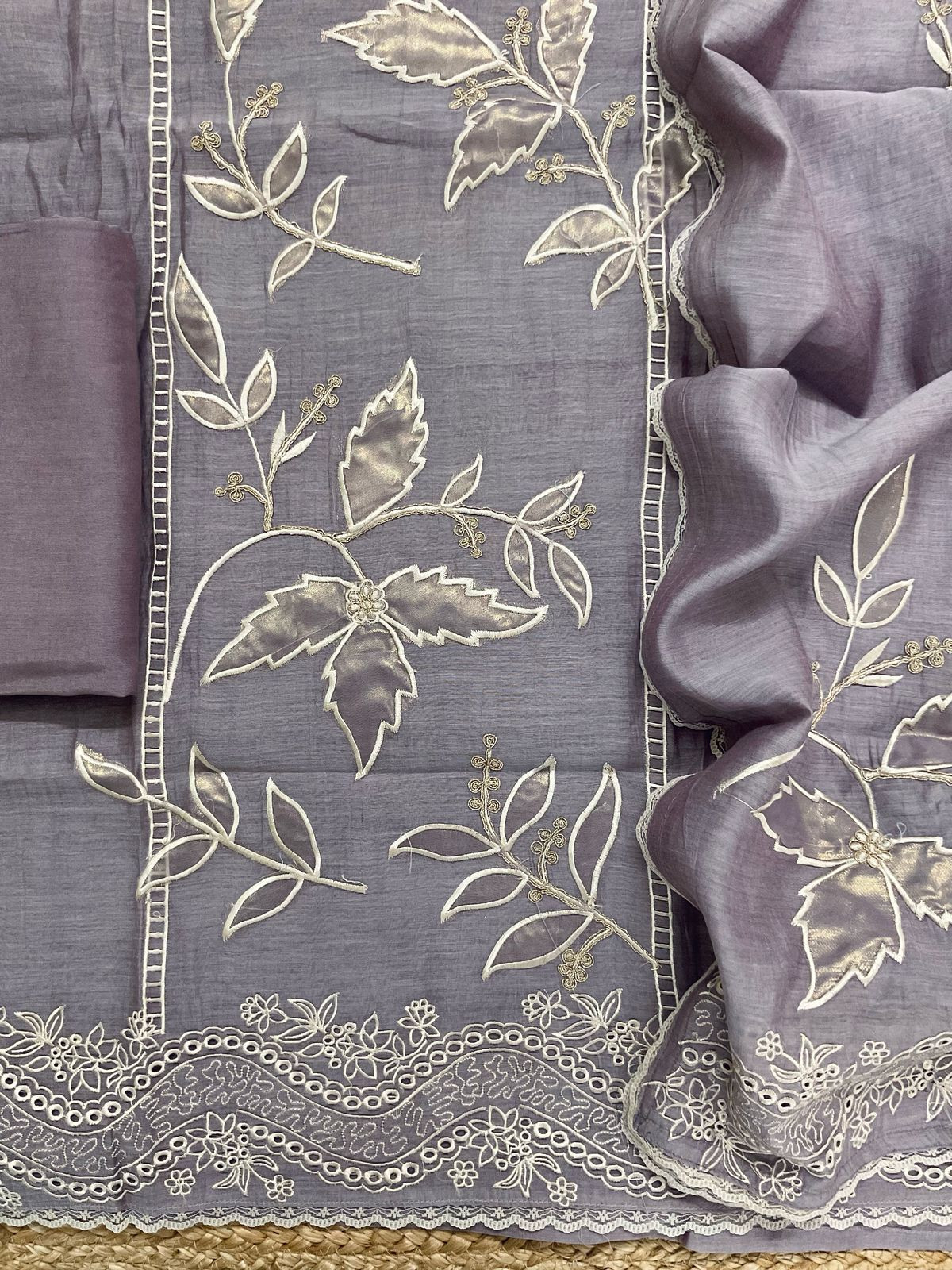 Pure Mul Chanderi Embroidered Suit - Lavender