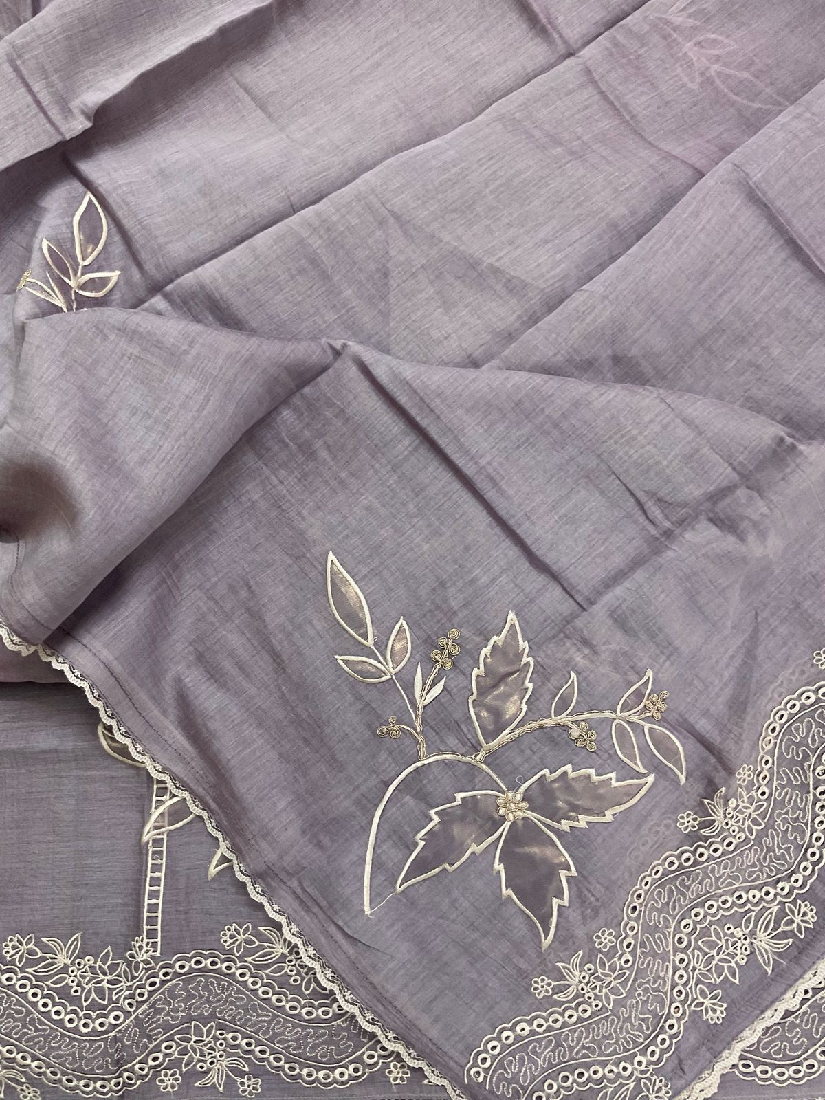 Pure Mul Chanderi Embroidered Suit - Lavender