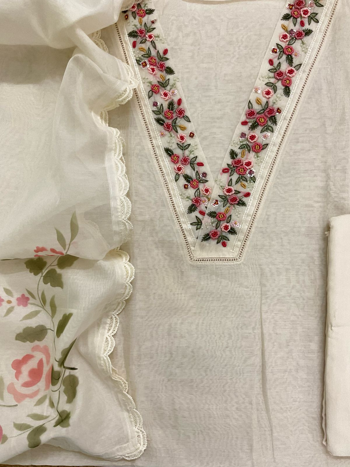 Pure Chanderi Embroidered Suit - Offwhite
