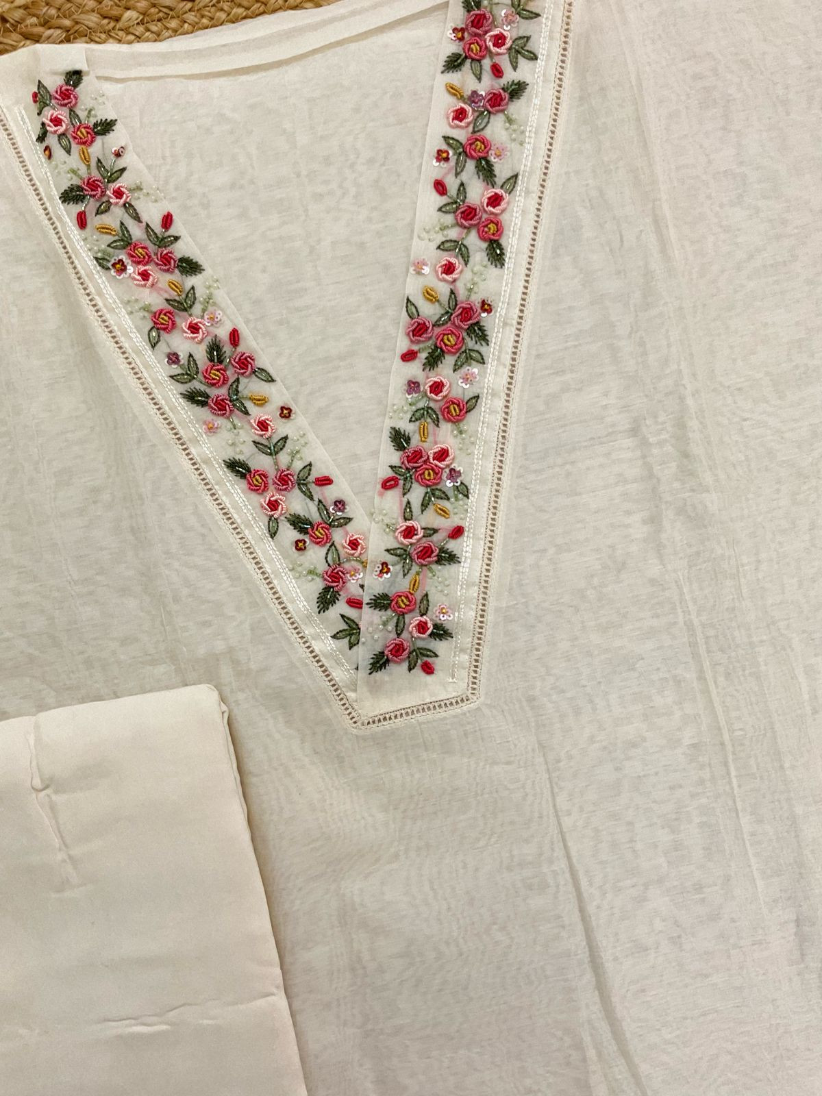 Pure Chanderi Embroidered Suit - Offwhite