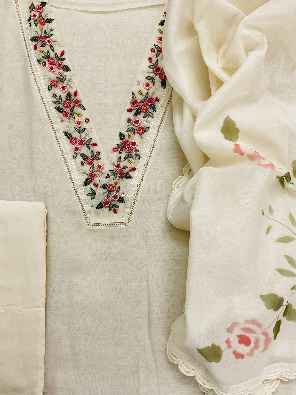 Pure Chanderi Embroidered Suit - Offwhite