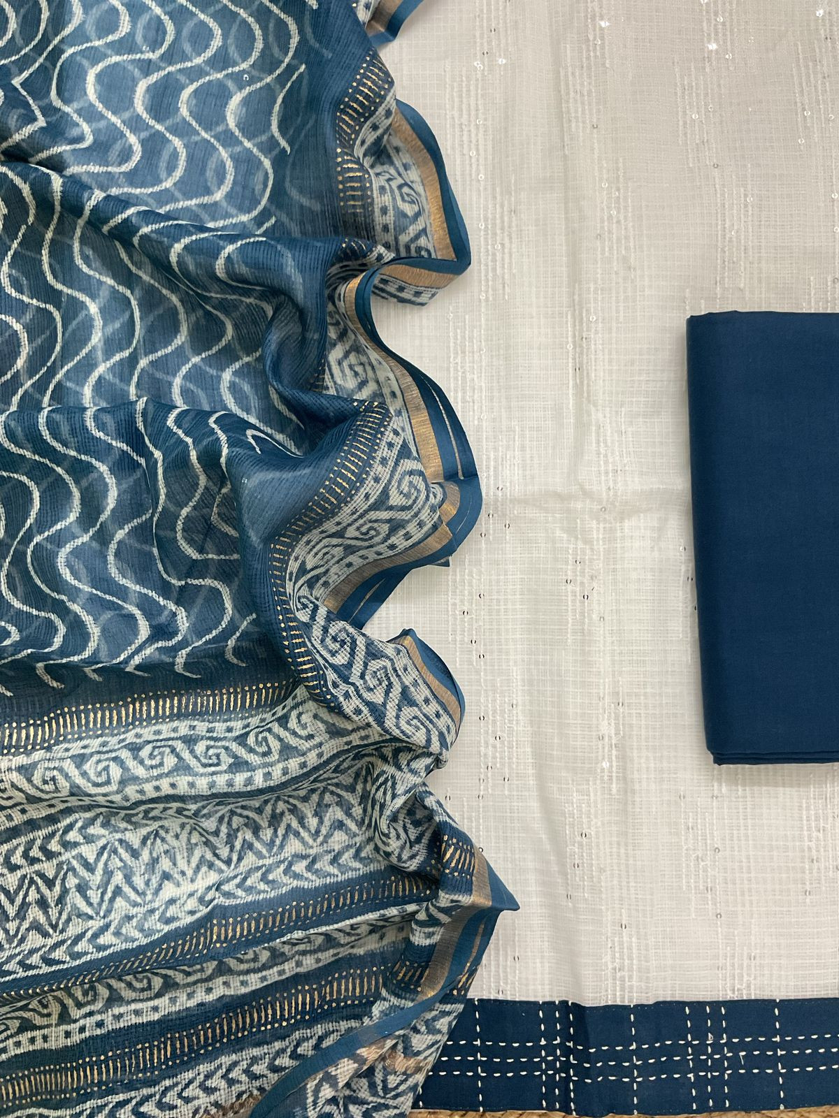 Pure Kota Cotton Printed Embroidered Suit - White