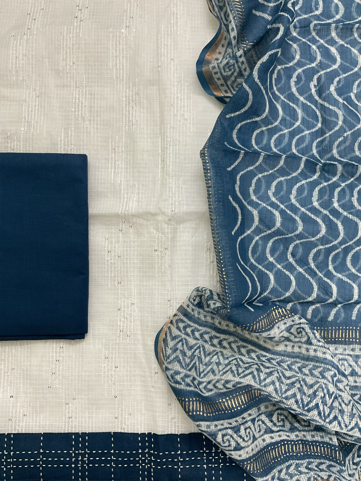 Pure Kota Cotton Printed Embroidered Suit - White