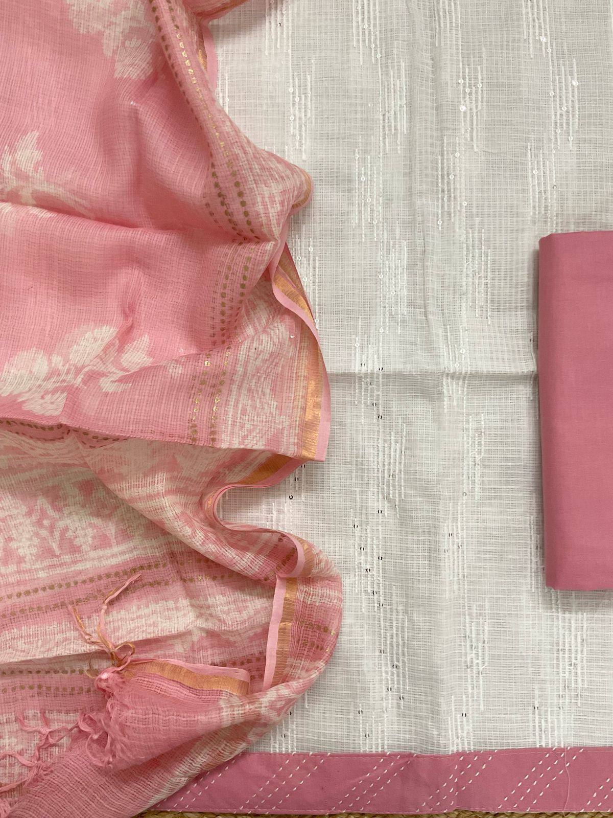 Pure Kota Cotton Printed Embroidered Suit - White