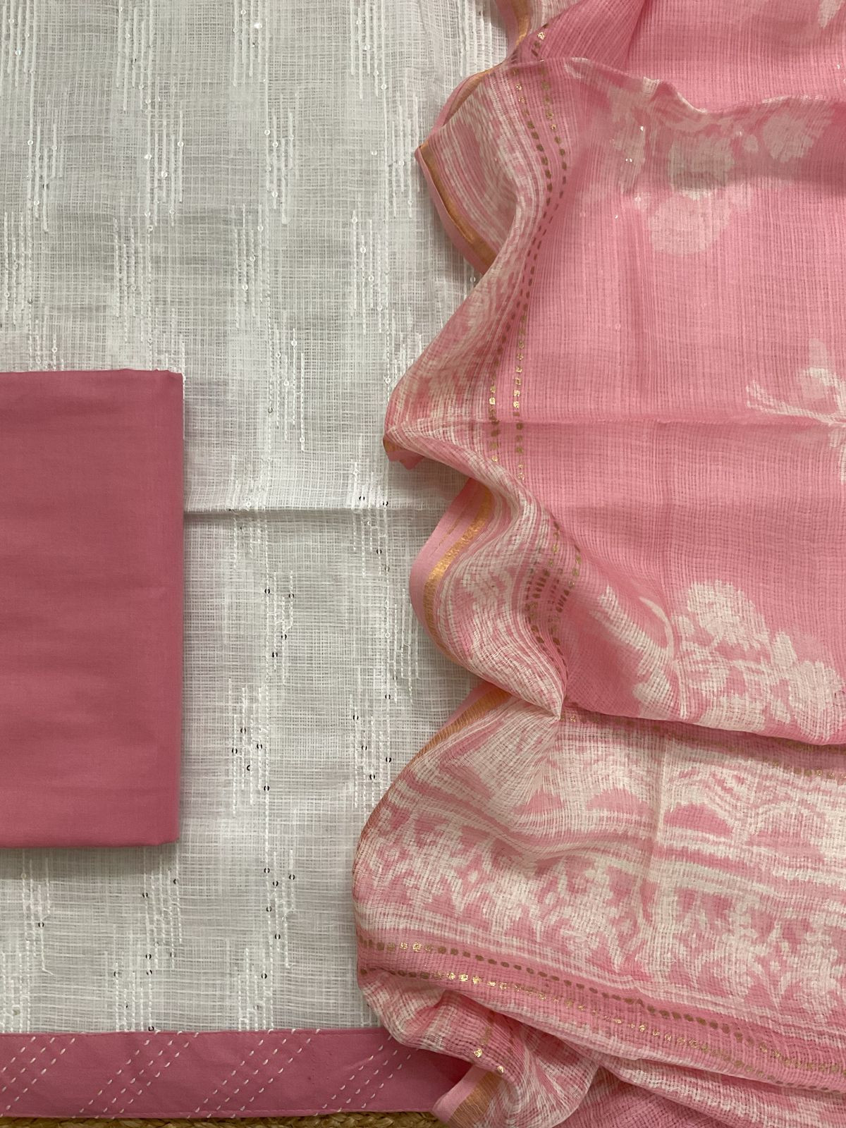 Pure Kota Cotton Printed Embroidered Suit - White