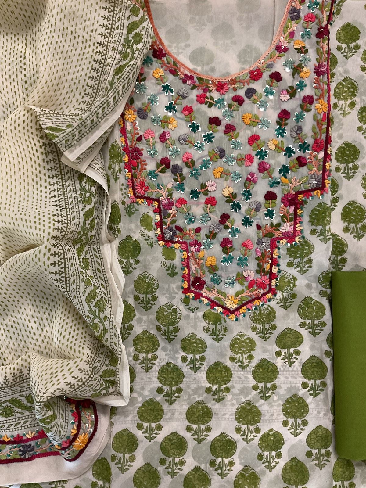 Pure Organza Block Printed Embroidered Suit - Cream