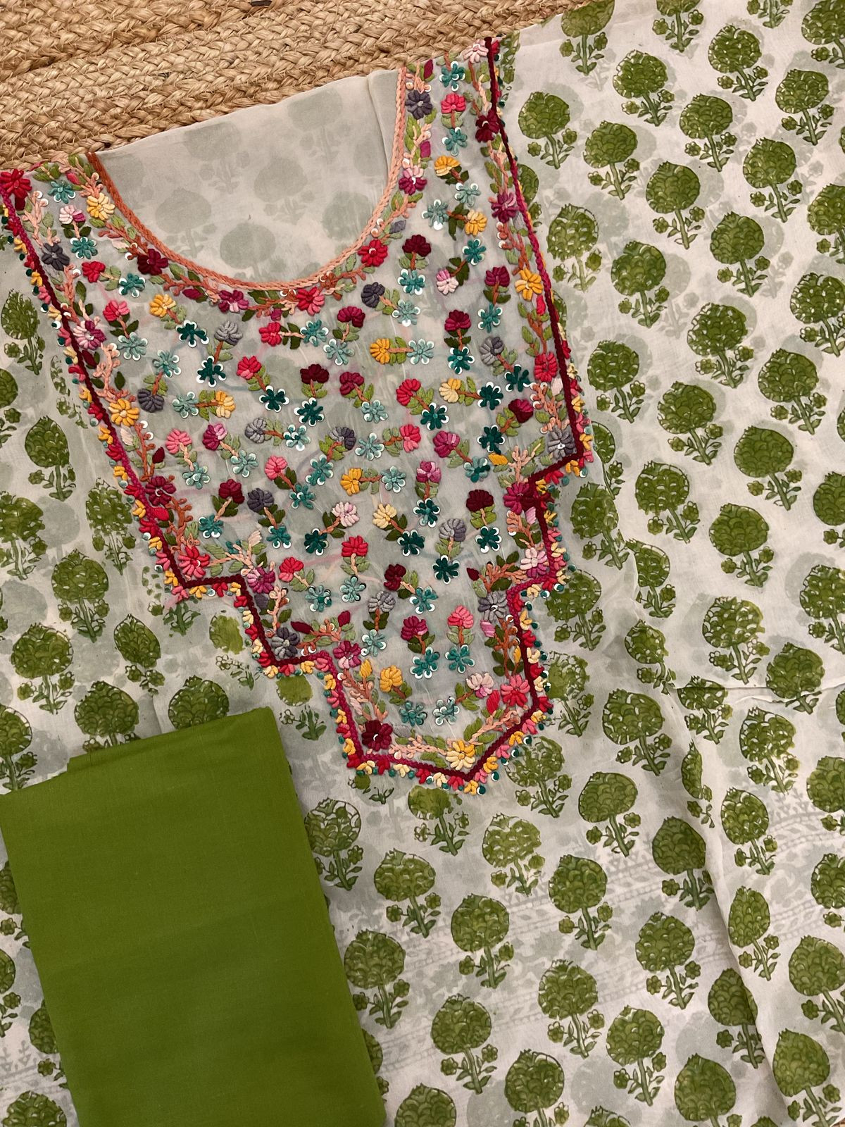 Pure Organza Block Printed Embroidered Suit - Cream