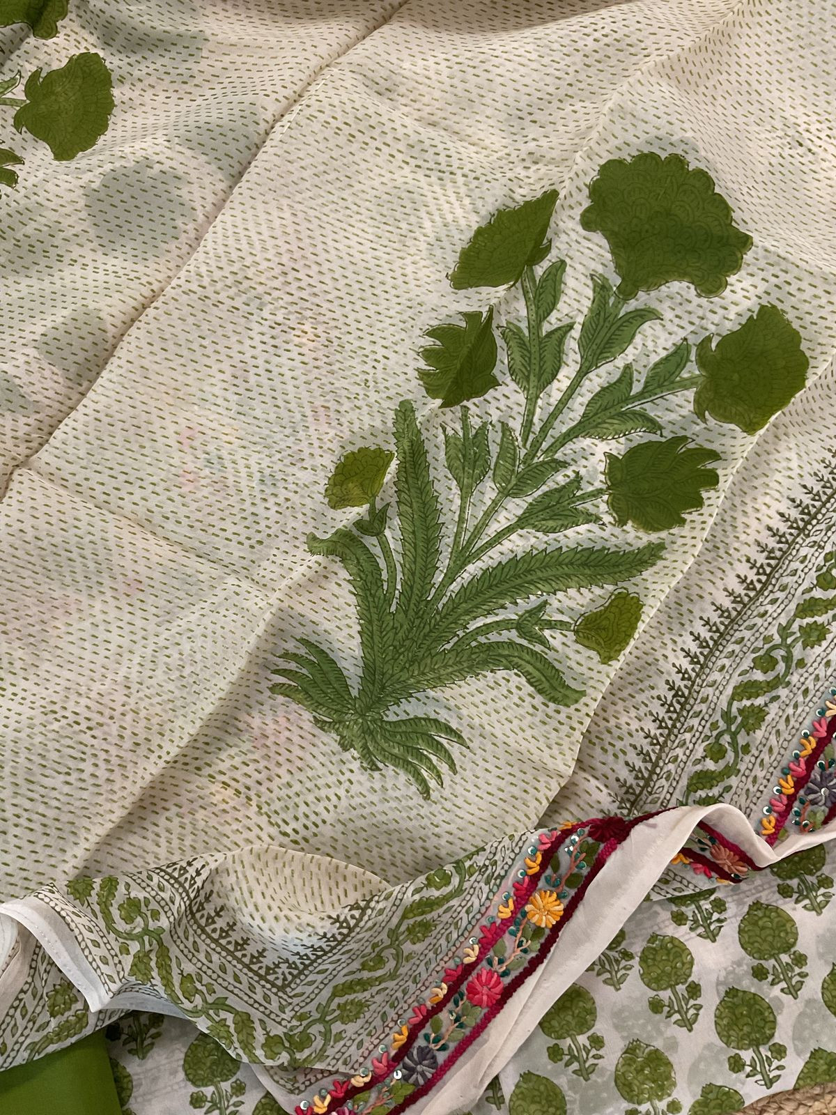 Pure Organza Block Printed Embroidered Suit - Cream