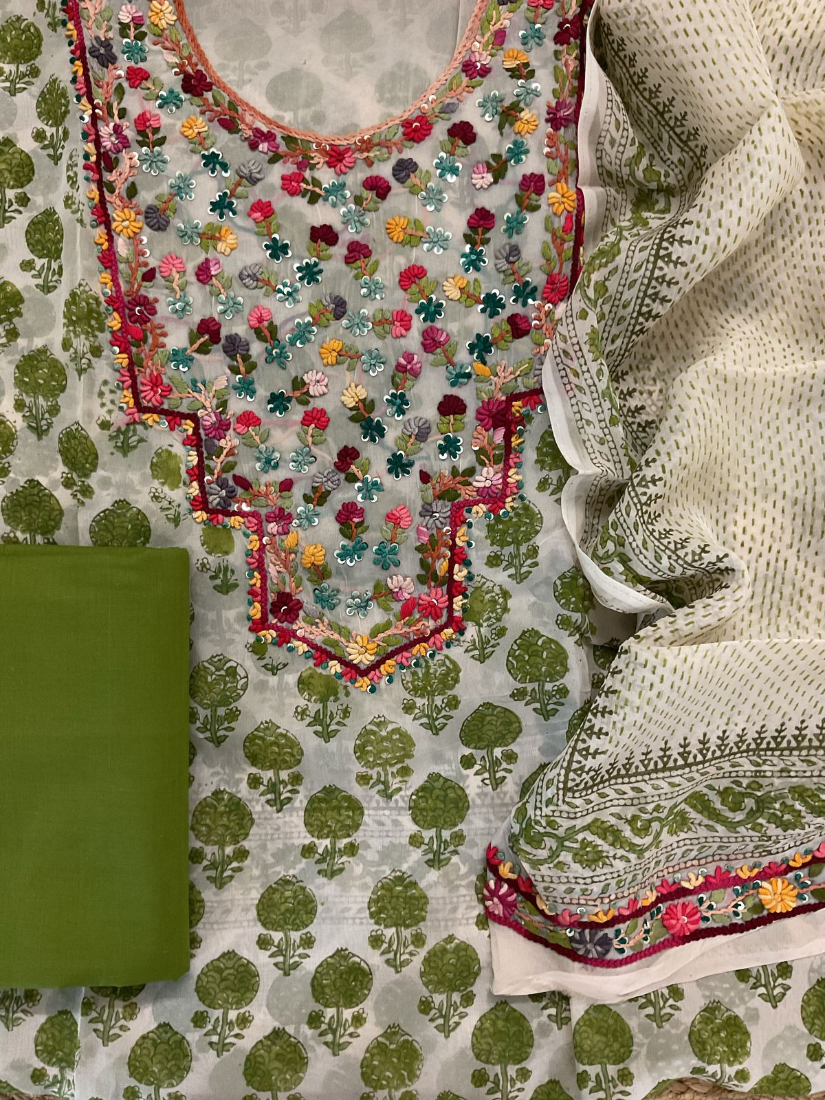 Pure Organza Block Printed Embroidered Suit - Cream