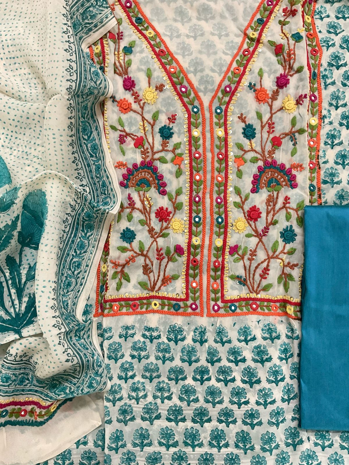 Pure Organza Block Printed Embroidered Suit - Cream