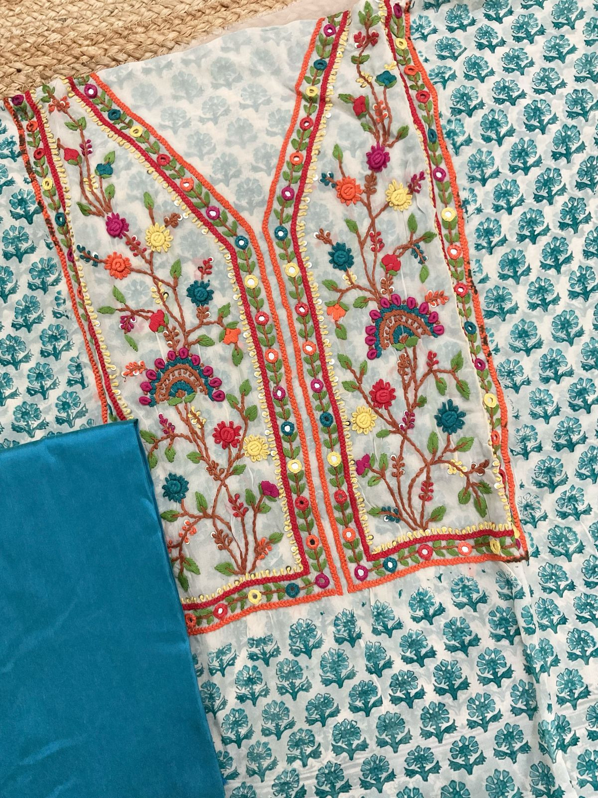 Pure Organza Block Printed Embroidered Suit - Cream