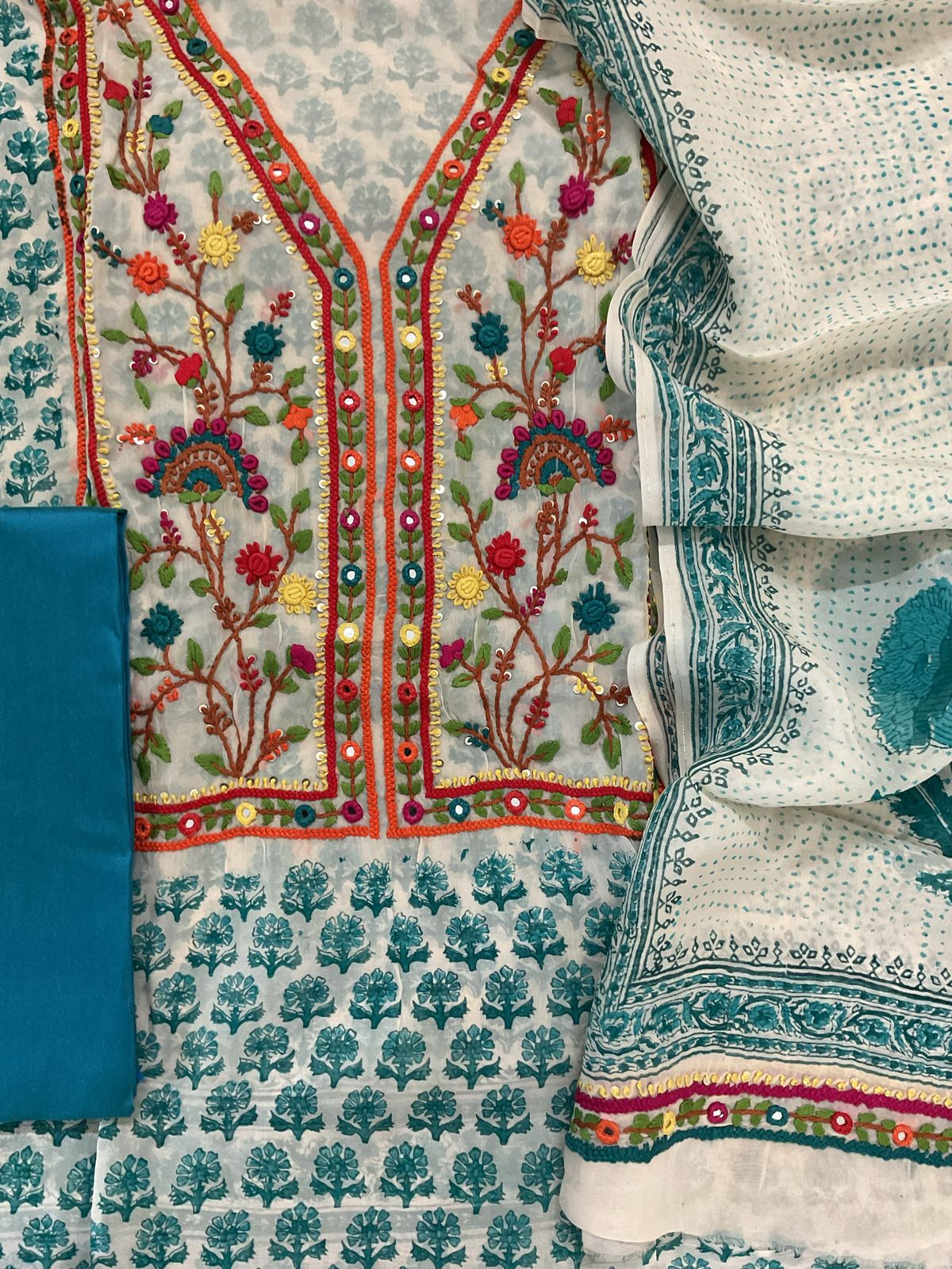 Pure Organza Block Printed Embroidered Suit - Cream