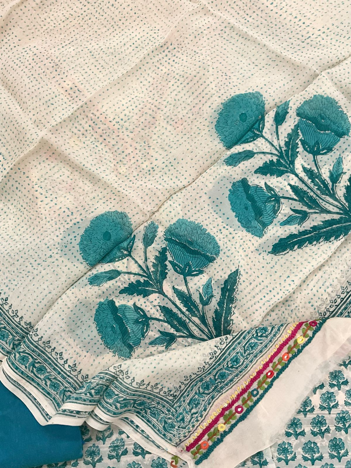 Pure Organza Block Printed Embroidered Suit - Cream