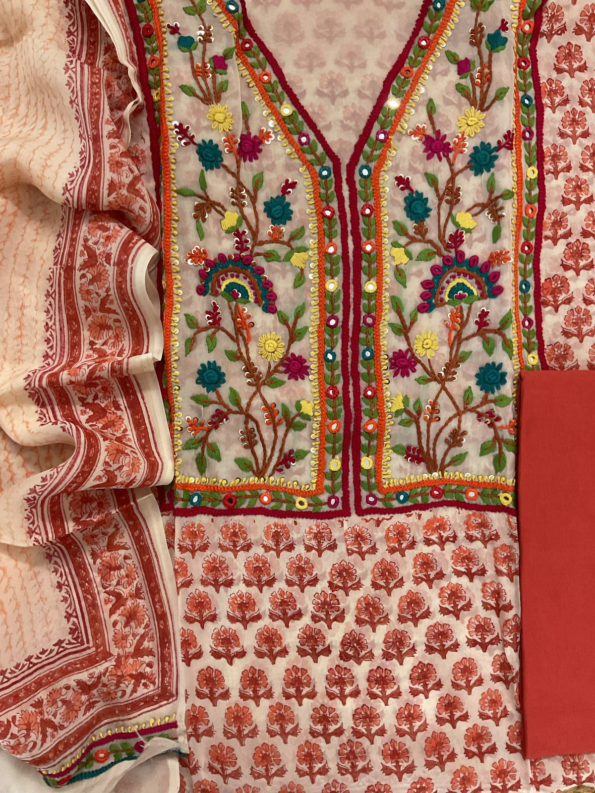 Pure Organza Block Printed Embroidered Suit - Cream