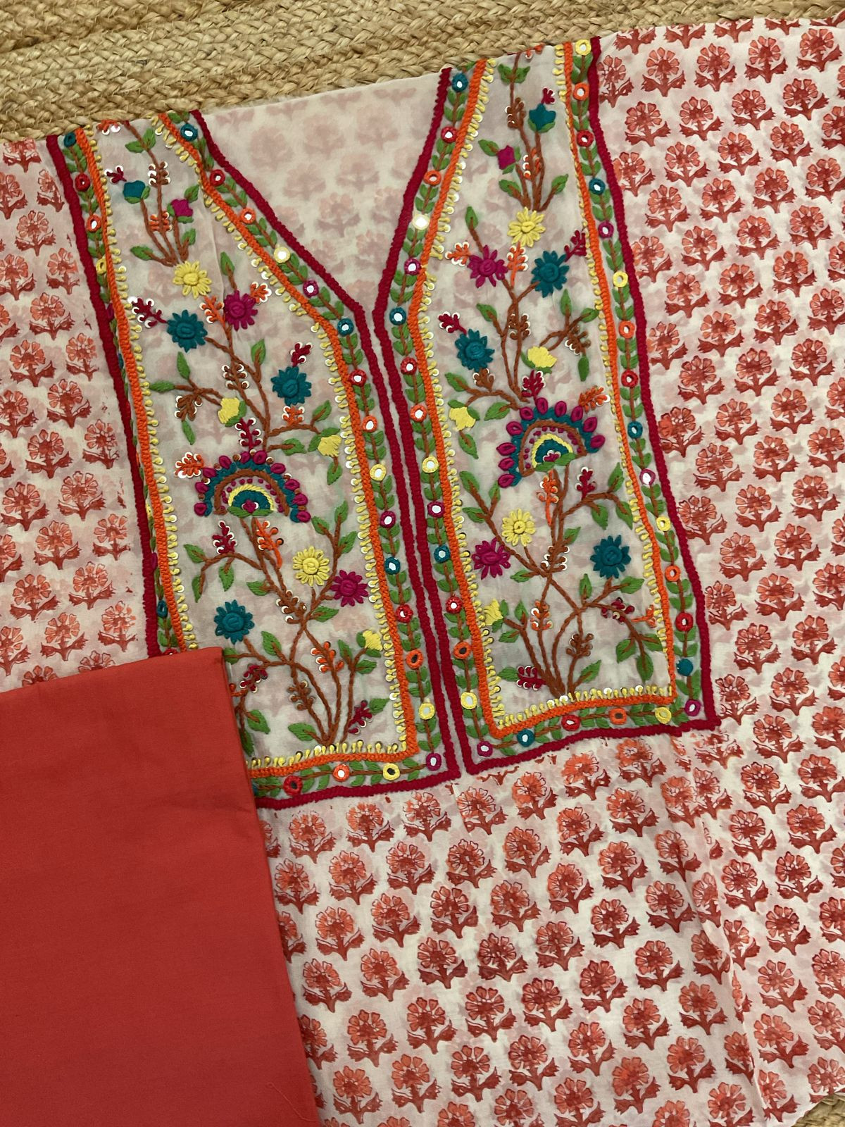 Pure Organza Block Printed Embroidered Suit - Cream