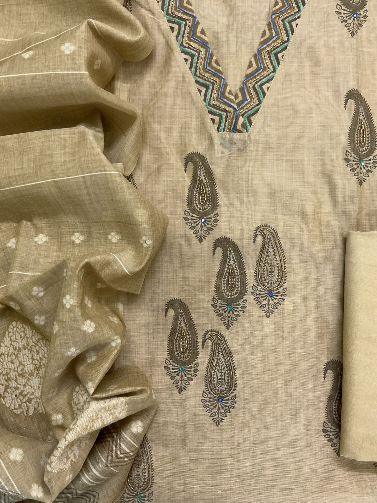 Soft Slub Chanderi Printed Embroidered Suit - Beige