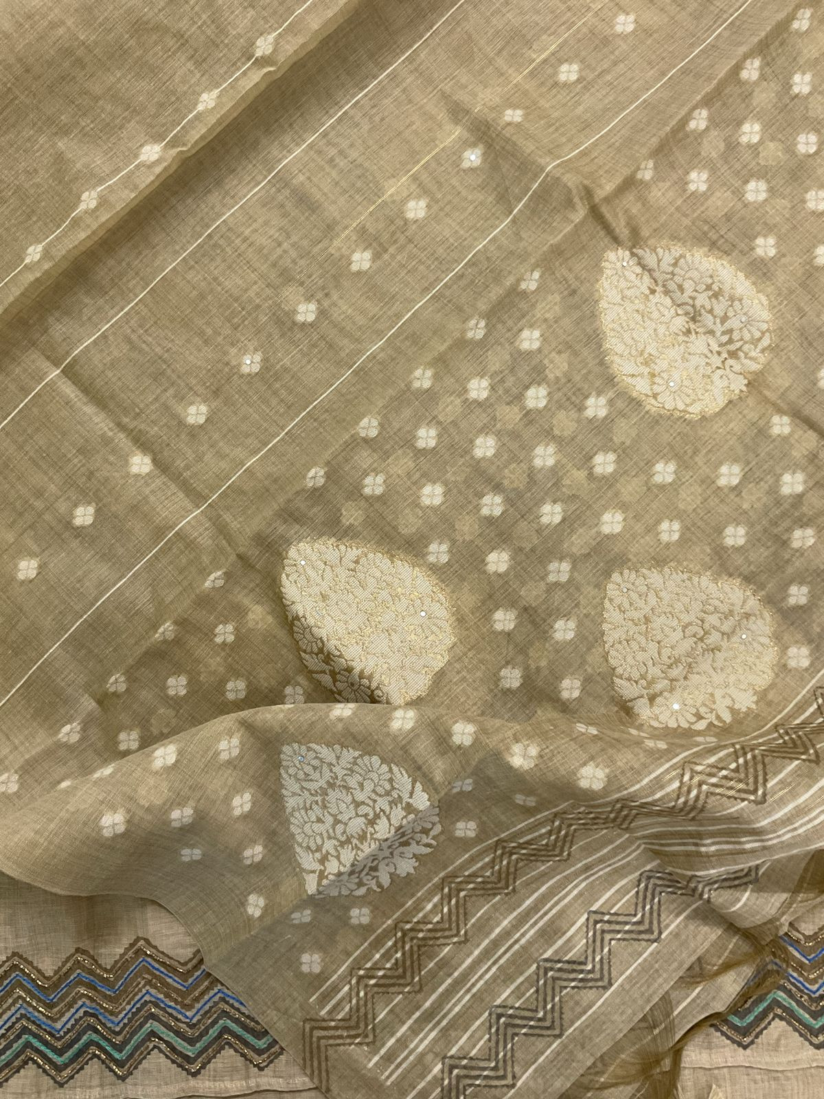 Soft Slub Chanderi Printed Embroidered Suit - Beige