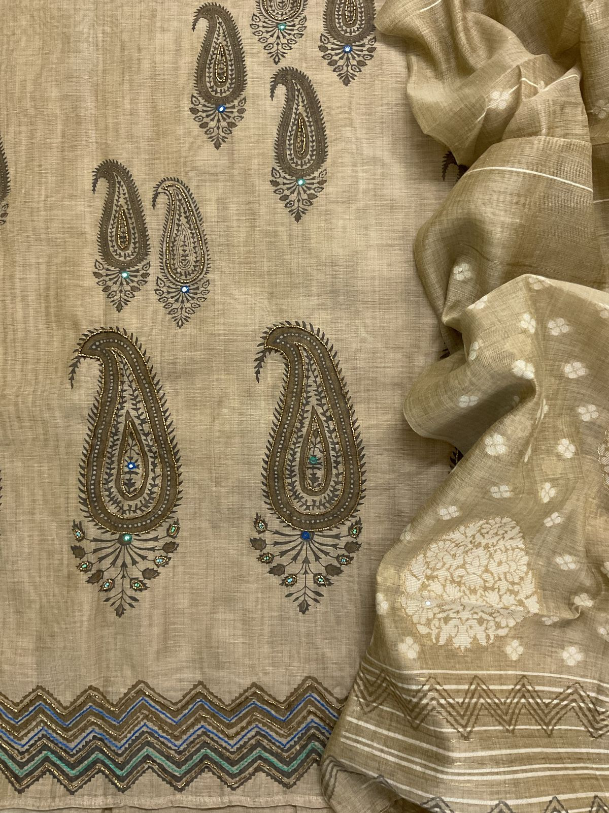 Soft Slub Chanderi Printed Embroidered Suit - Beige