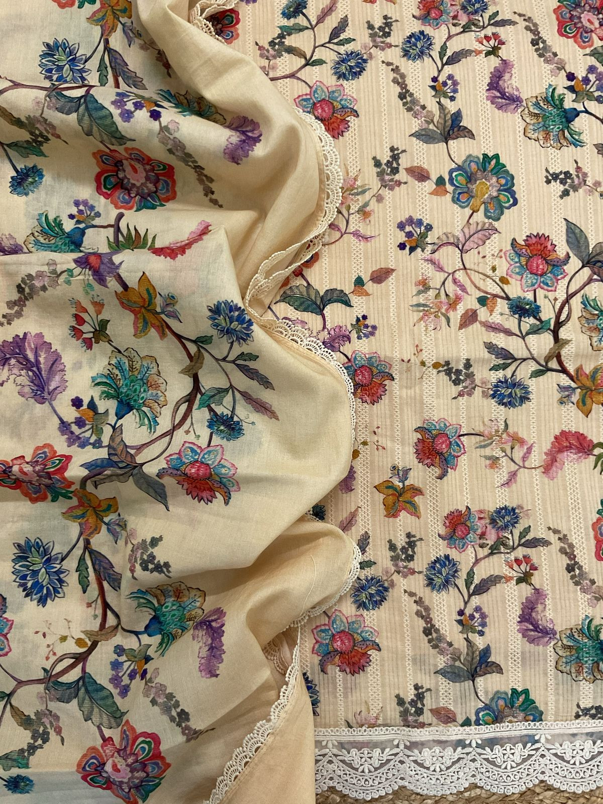 Pure Fine Mul Cotton Self Weaved Printer Suit - Cream