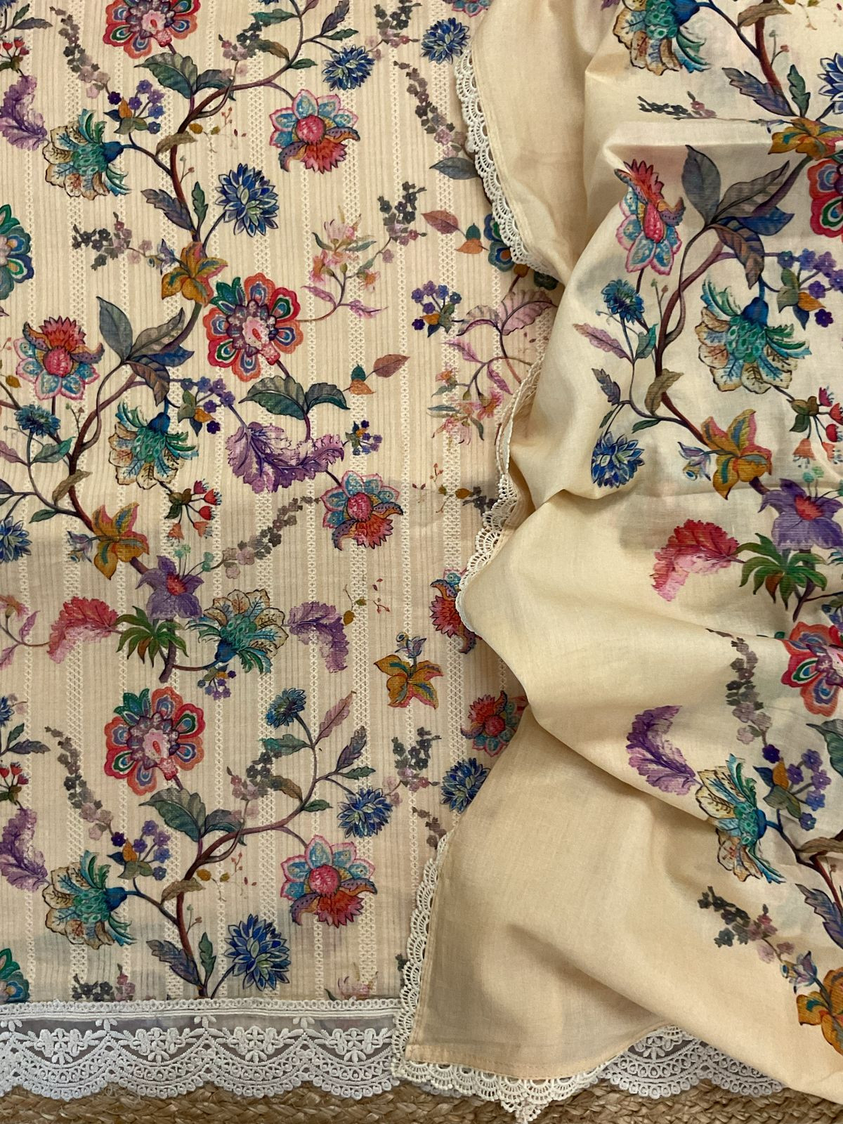 Pure Fine Mul Cotton Self Weaved Printer Suit - Cream